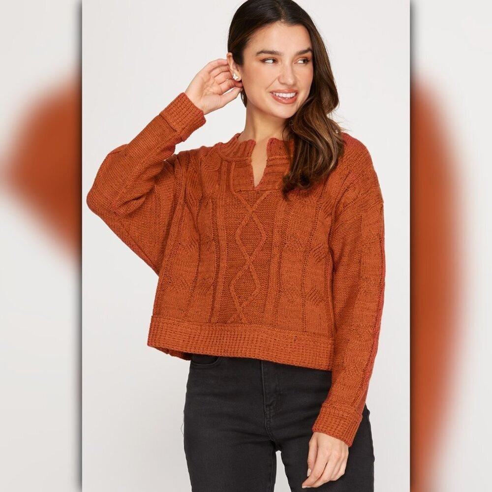 A493 • Cable Knit Split Neck Cropped Sweater